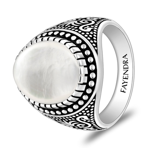 Sterling Silver 925 Ring Rhodium And Black Plated Embedded With White Shell Cabochon For Men