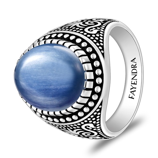Sterling Silver 925 Ring Rhodium And Black Plated Embedded With Natural Kyanite Cabochon For Men