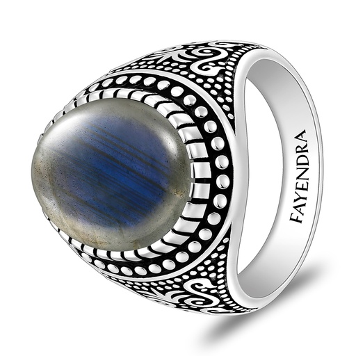 Sterling Silver 925 Ring Rhodium And Black Plated Embedded With Labradorite Opal Cabochon For Men
