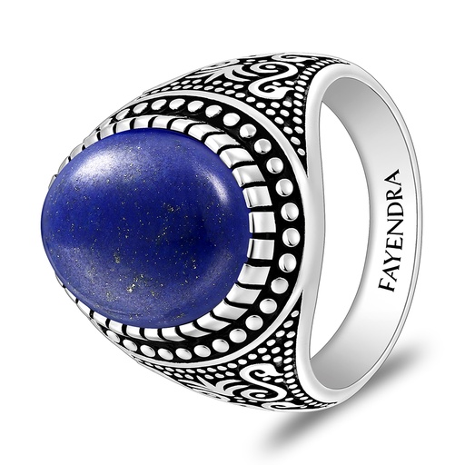 Sterling Silver 925 Ring Rhodium And Black Plated Embedded With Lapis Cabochon For Men