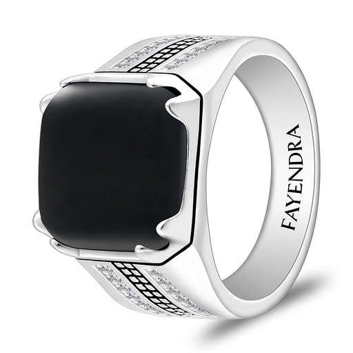 Sterling Silver 925 Ring Rhodium And Black Plated Embedded With Natural Black Agate Cabochon And White Zircon For Men