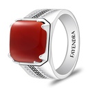 Sterling Silver 925 Ring Rhodium And Black Plated Embedded With Red Agate Cabochon And White Zircon For Men