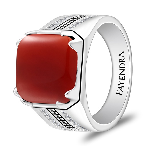 Sterling Silver 925 Ring Rhodium And Black Plated Embedded With Red Agate Cabochon And White Zircon For Men