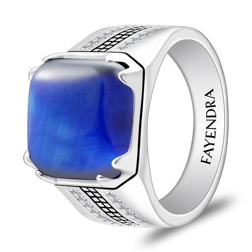Sterling Silver 925 Ring Rhodium And Black Plated Embedded With Blue Tiger Eye Cabochon And White Zircon For Men