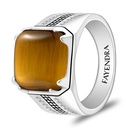 Sterling Silver 925 Ring Rhodium And Black Plated Embedded With Yellow Tiger Eye Cabochon And White Zircon For Men