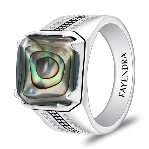 Sterling Silver 925 Ring Rhodium And Black Plated Embedded With Blue Shell Cabochon And White Zircon For Men