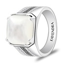 Sterling Silver 925 Ring Rhodium And Black Plated Embedded With White Shell Cabochon And White Zircon For Men