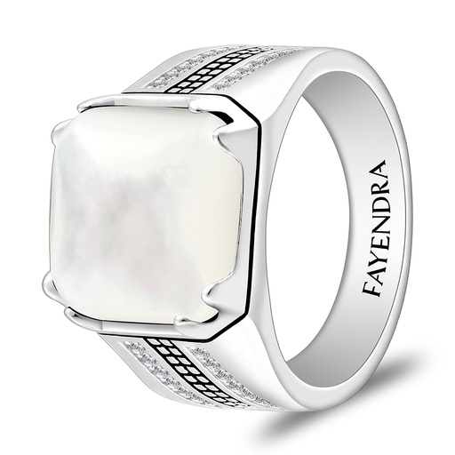 Sterling Silver 925 Ring Rhodium And Black Plated Embedded With White Shell Cabochon And White Zircon For Men