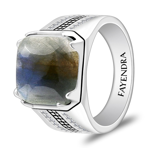 Sterling Silver 925 Ring Rhodium And Black Plated Embedded With Labradorite Opal Cabochon And White Zircon For Men