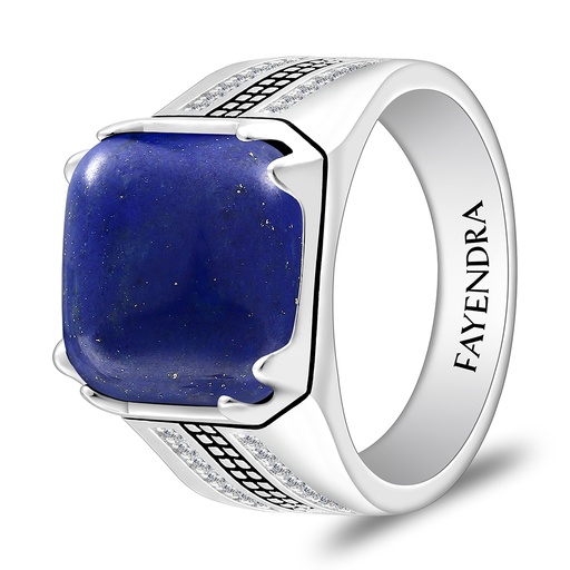 Sterling Silver 925 Ring Rhodium And Black Plated Embedded With Lapis Cabochon And White Zircon For Men