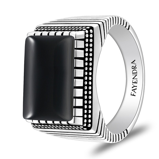 Sterling Silver 925 Ring Rhodium And Black Plated Embedded With Natural Black Agate Cabochon For Men