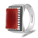 Sterling Silver 925 Ring Rhodium And Black Plated Embedded With Red Agate Cabochon For Men