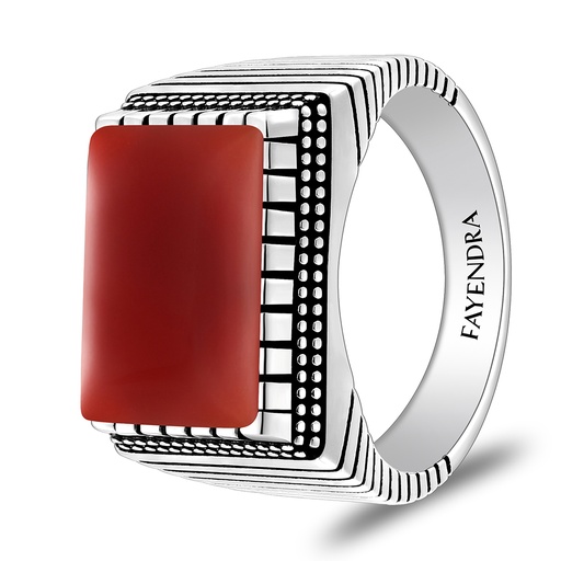 Sterling Silver 925 Ring Rhodium And Black Plated Embedded With Red Agate Cabochon For Men