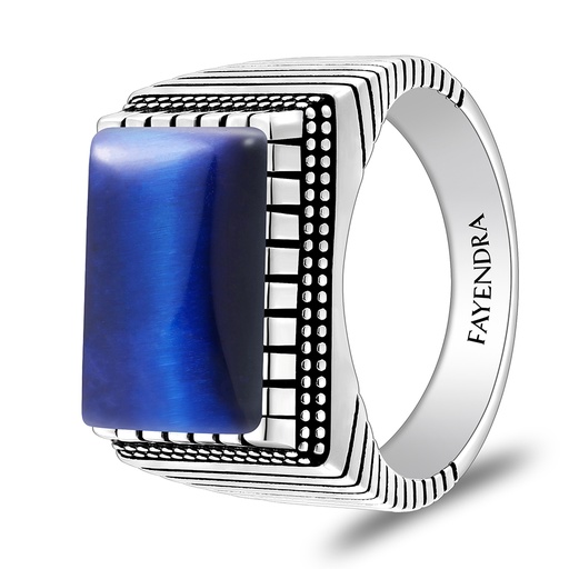 Sterling Silver 925 Ring Rhodium And Black Plated Embedded With Blue Tiger Eye Cabochon For Men