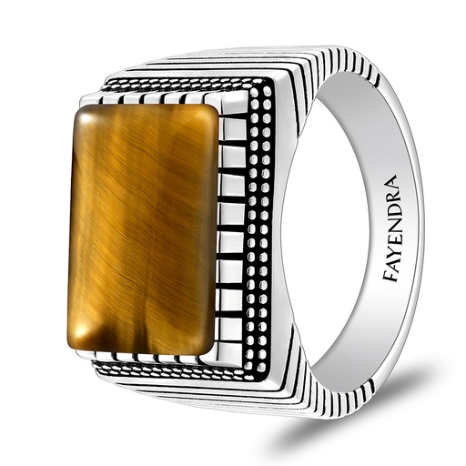 Sterling Silver 925 Ring Rhodium And Black Plated Embedded With Yellow Tiger Eye Cabochon For Men