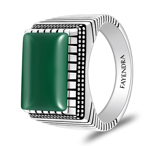 Sterling Silver 925 Ring Rhodium And Black Plated Embedded With Green Agate Cabochon For Men