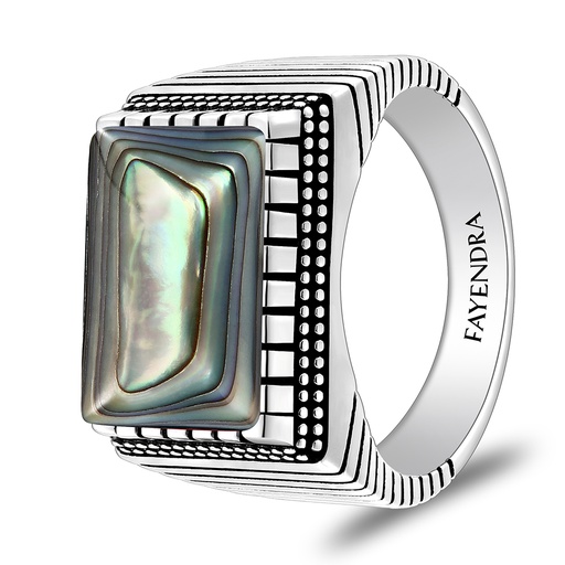 Sterling Silver 925 Ring Rhodium And Black Plated Embedded With Blue Shell Cabochon For Men