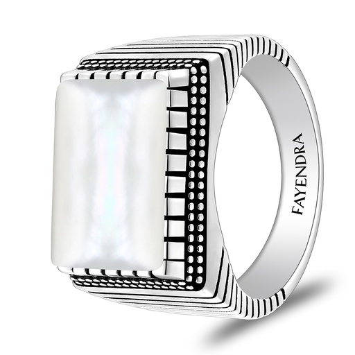 Sterling Silver 925 Ring Rhodium And Black Plated Embedded With White Shell Cabochon For Men