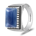 Sterling Silver 925 Ring Rhodium And Black Plated Embedded With Natural Kyanite Cabochon For Men