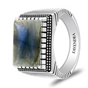 Sterling Silver 925 Ring Rhodium And Black Plated Embedded With Labradorite Opal Cabochon For Men