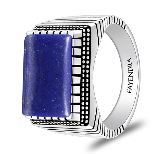 Sterling Silver 925 Ring Rhodium And Black Plated Embedded With Lapis Cabochon For Men