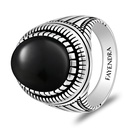 Sterling Silver 925 Ring Rhodium And Black Plated Embedded With Natural Black Agate Cabochon For Men