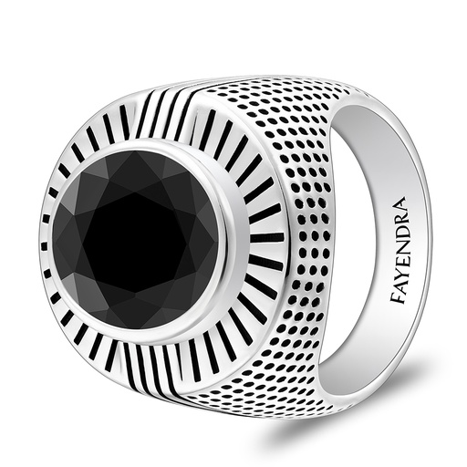 Sterling Silver 925 Ring Rhodium And Black Plated Embedded With Black Spinal For Men