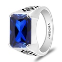 Sterling Silver 925 Ring Rhodium And Black Plated Embedded With Sapphire Corundum For Men