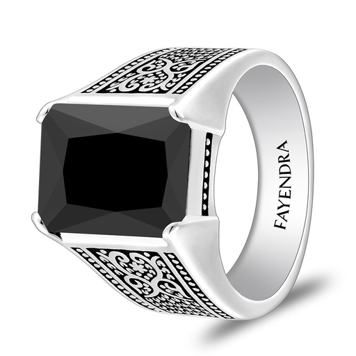 Sterling Silver 925 Ring Rhodium And Black Plated Embedded With Black Spinal For Men