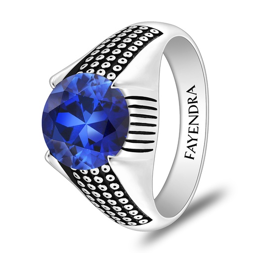 Sterling Silver 925 Ring Rhodium And Black Plated Embedded With Sapphire Corundum For Men