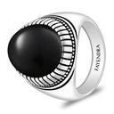 Sterling Silver 925 Ring Rhodium And Black Plated Embedded With Natural Black Agate Cabochon For Men